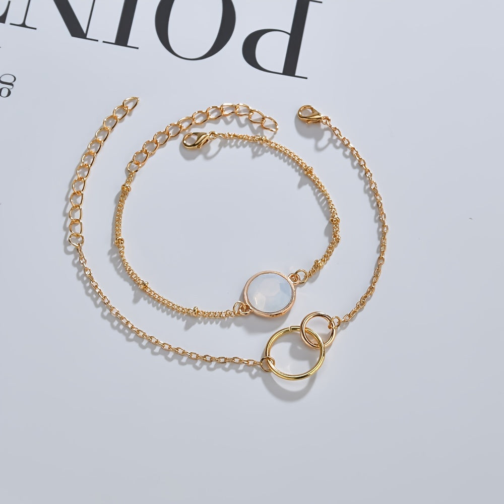 Dainty Chain Bracelet Geometric Double Circle Adjustable Hand Chain Set