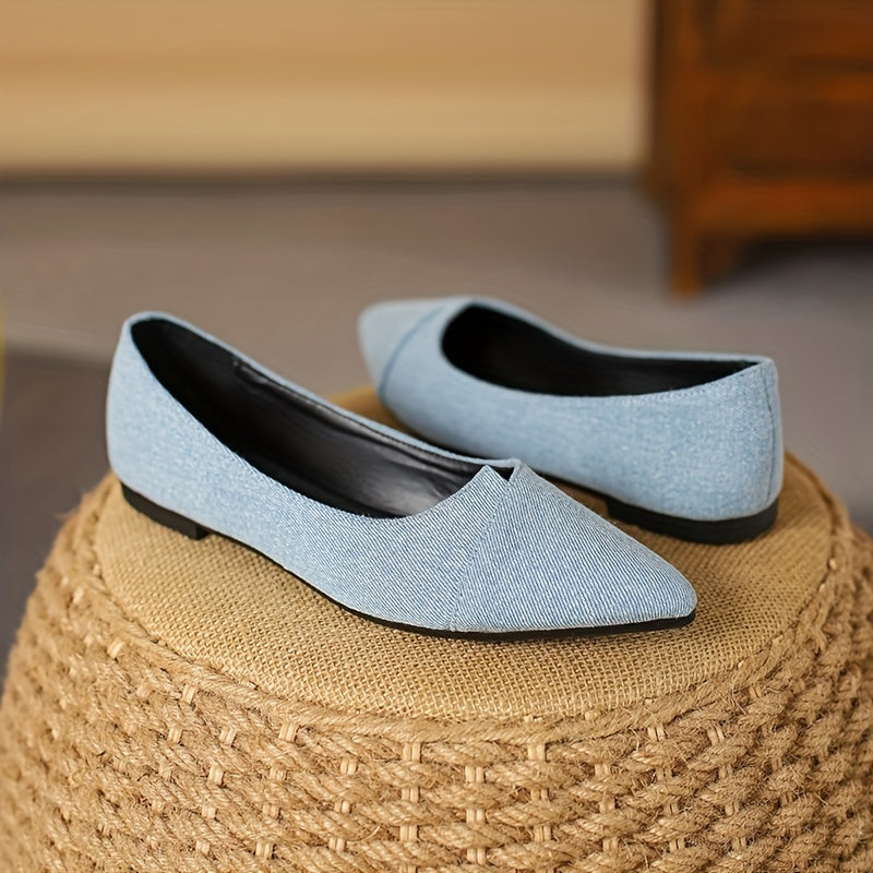 Women's Solid Denim Point Toe Flat Shoes