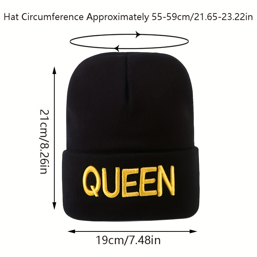 KING QUEEN Embroidery Beanie Solid Couple Knit Hat Elastic Skull Cap