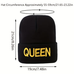 KING QUEEN Embroidery Beanie Solid Couple Knit Hat Elastic Skull Cap