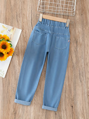 Girls Geometric Cartoon Jeans Elastic Waist Trousers 5-12 Years