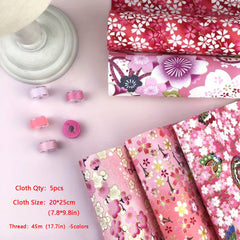 5pc Washi Bronzing Cotton Fabric Bundle, 5 Thread Bobbins, PreCut Fat Squares