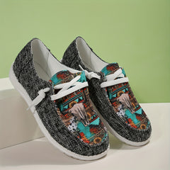 Cow Head Canvas Shoes Low Top Lace Up Walking Shoes