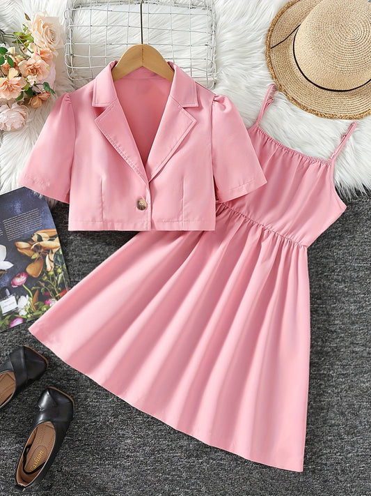 Girls' 2 Piece Outfits Pink Cami Dress & Collared Button Down T Shirt Set