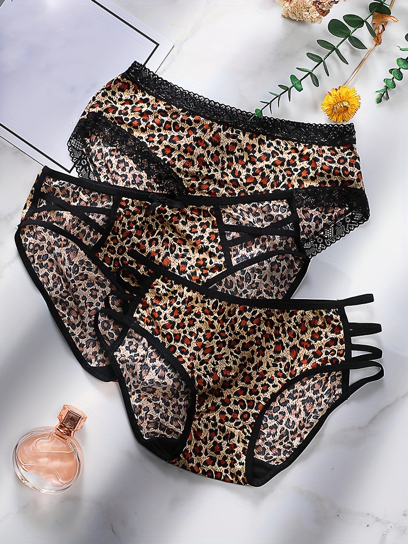 3pcs Leopard Print Briefs Soft Elastic Intimates Panties Women's Lingerie