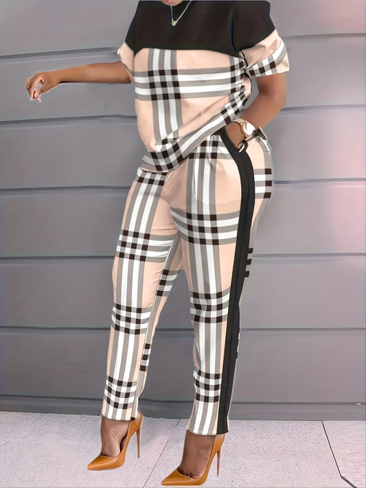 Plaid Print Casual Two piece Set Crew Neck Short Sleeve Tee & Long Length Pants