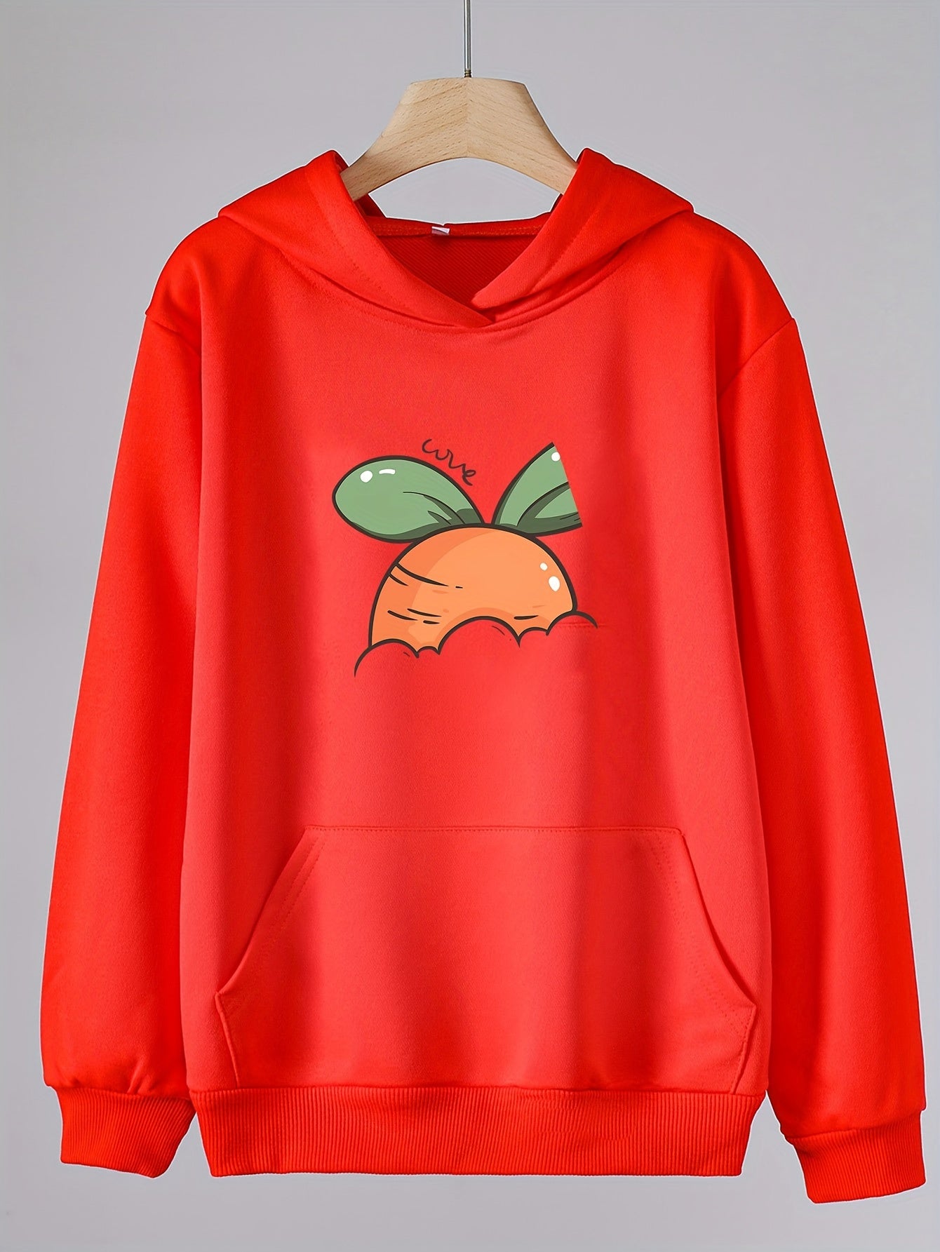 Girls Carrot Print Hoodies Comfy Hooded Pullover With Pocket