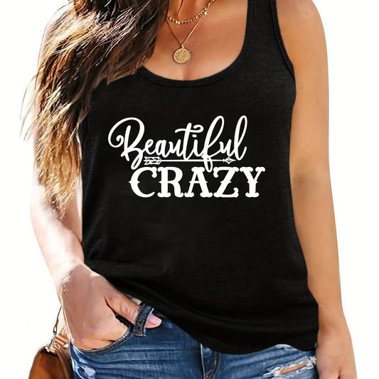  Slogan Print Tank Top Round Neck Medium Stretch
