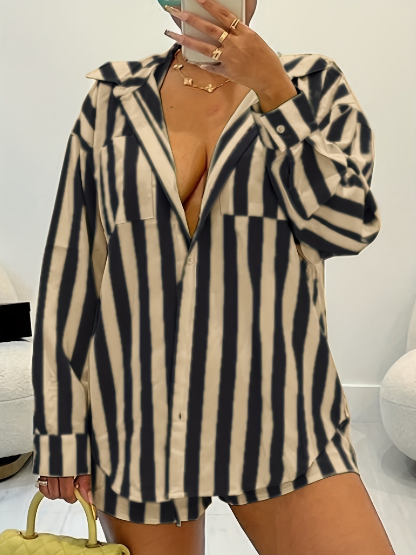  Stripe Print Shirt Top & Shorts Set