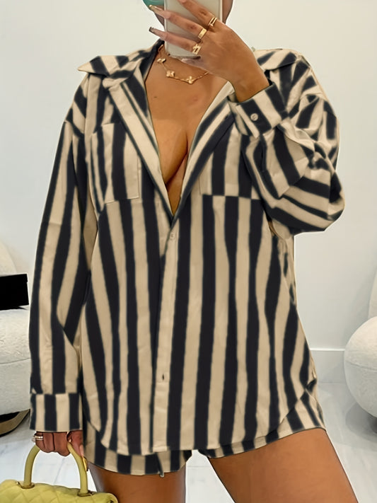  Stripe Print Shirt Top & Shorts Set
