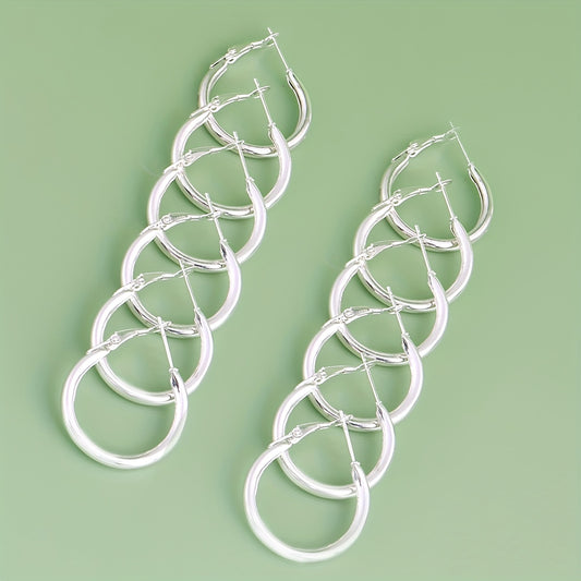 6 Pairs Golden Silver Glossy Tube Hoop Earrings Set for Daily Decoration