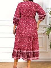 Boho Border Floral Print Maxi Dress Lantern Sleeve V Neck Ruffle Trim