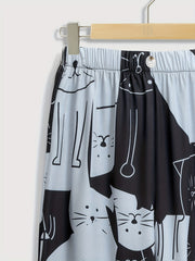  Colorblock Cat Print Wide Leg Pants