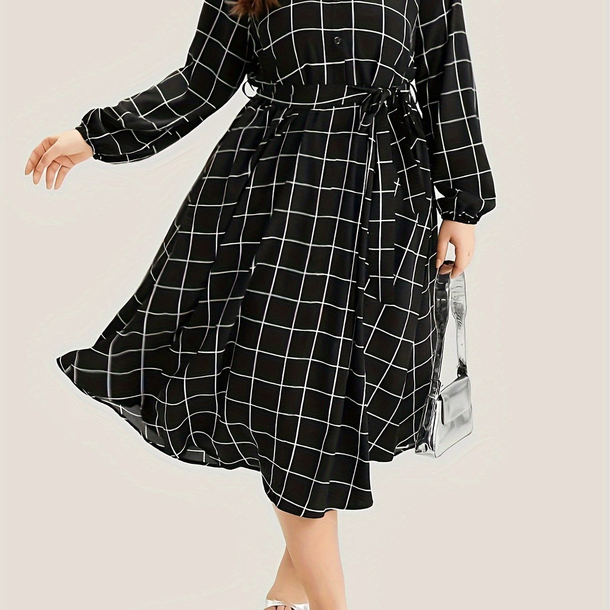  Grid Print Button Up Shirt Dress With Belt