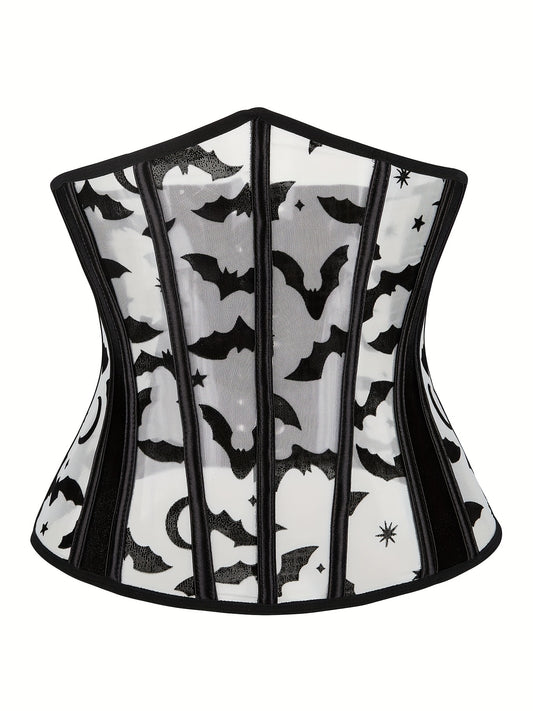 Bat Print Strapless Corset Bustier Tummy Control Mesh Body Shaper