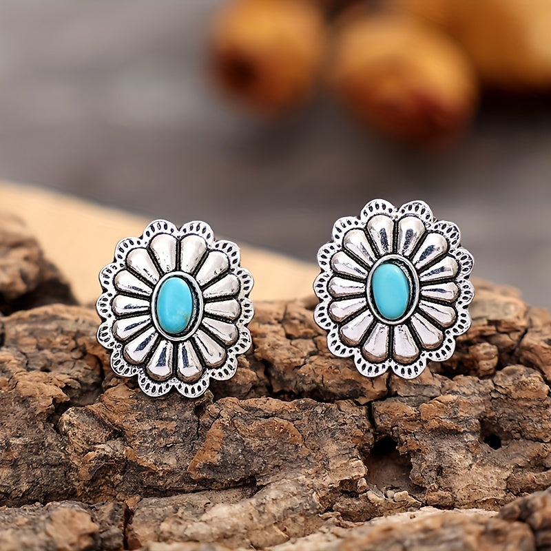 Silvery Flower Oval Turquoise Stud Earrings Retro Style Jewelry