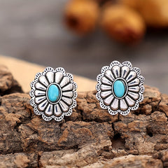 Silvery Flower Oval Turquoise Stud Earrings Retro Style Jewelry