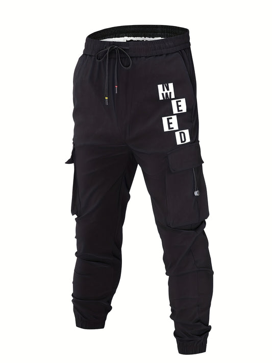 Letter Pattern Cargo Pants Men's Flap Pocket Trousers