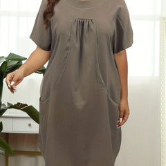  Solid Short Sleeve Round Neck Ruched Dress