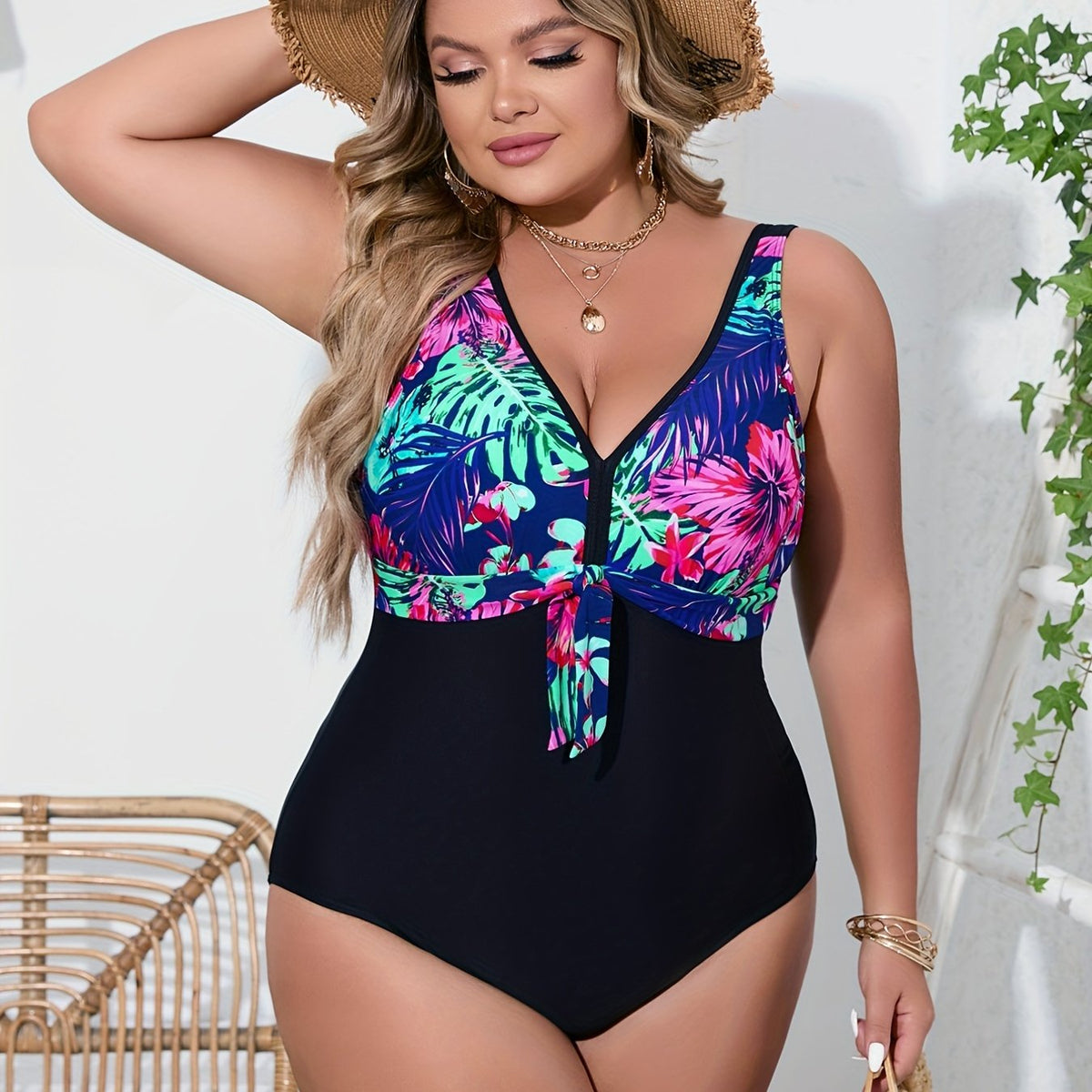  Colorblock Tropical Print V Neck Knot One Piece Swimsuit