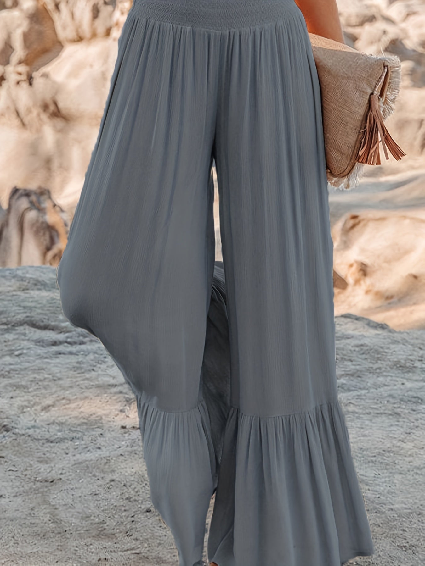  Solid Elastic Waist High Rise Wide Leg Trousers