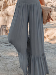  Solid Elastic Waist High Rise Wide Leg Trousers