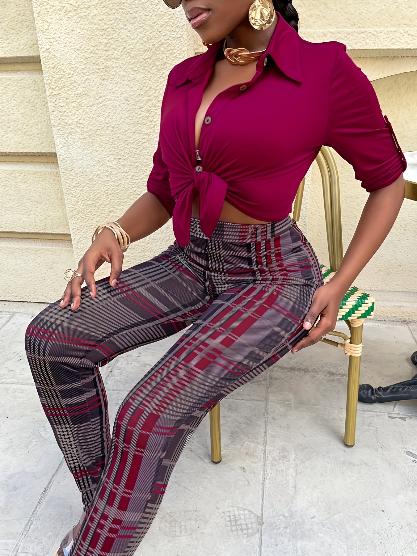 Plaid Print Retro Skinny Suit Pants Women's Casual Trousers