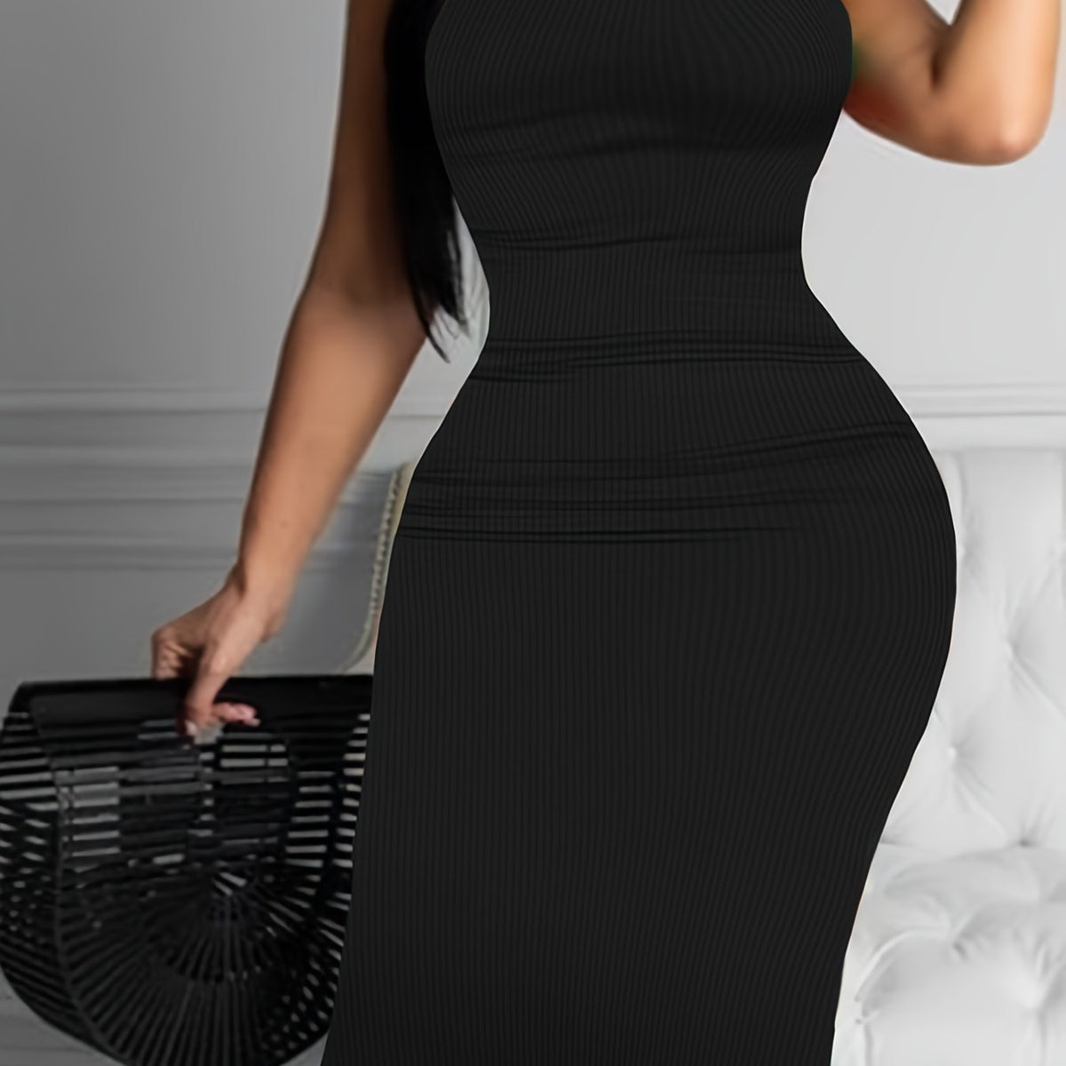  Solid Ribbed Cross Back Maxi Dress
