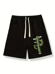 Cactus Pattern Comfy Shorts Men's Casual Solid Elastic Waist Drawstring Shorts