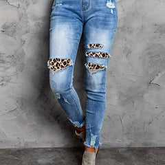  Leopard Patched Ripped Button Fly High Stretch Denim Pants