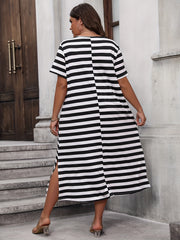  Stripe Print V Neck Maxi Dress