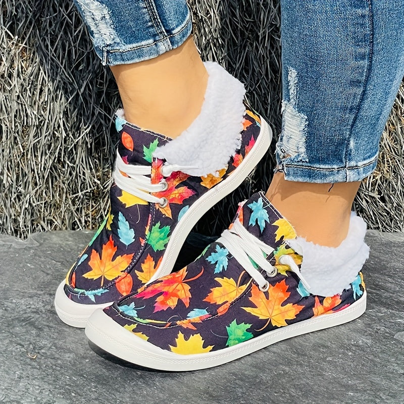 Colorful Maple Leaf Pattern Warm Fur Boots Flat Casual Round Toe Snow Boots