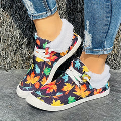 Colorful Maple Leaf Pattern Warm Fur Boots Flat Casual Round Toe Snow Boots