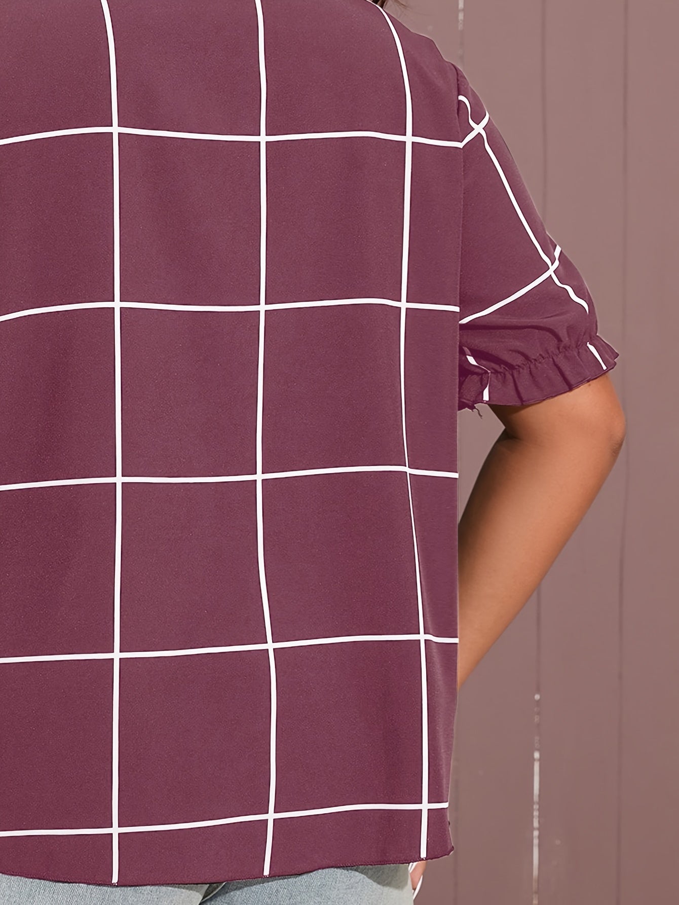  Grid Print Puff Sleeve Notched Neck Shirt Top