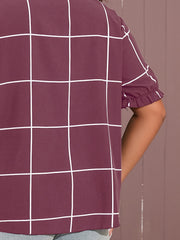  Grid Print Puff Sleeve Notched Neck Shirt Top