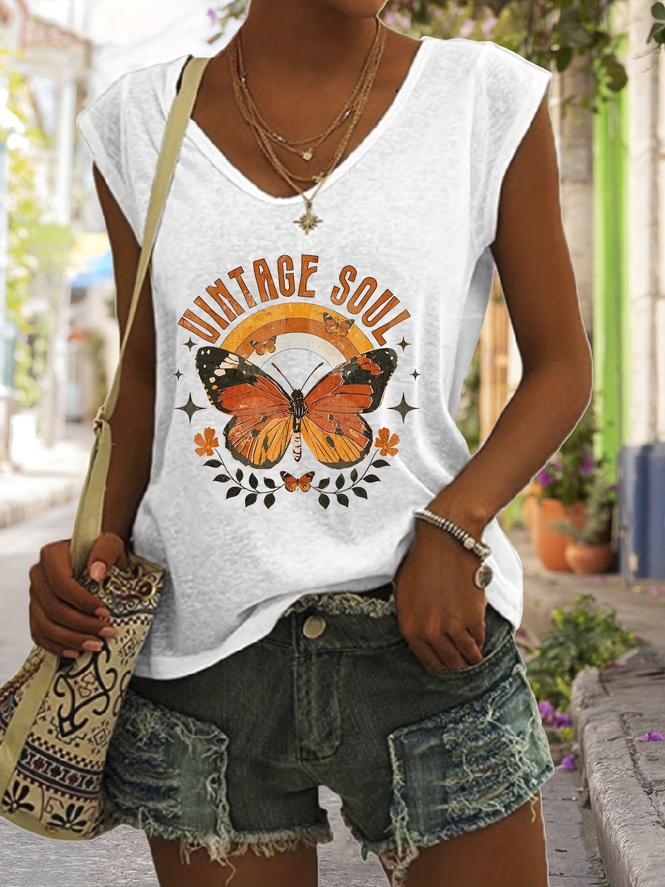 Butterfly Print Tank Top Sleeveless V Neck Casual Top