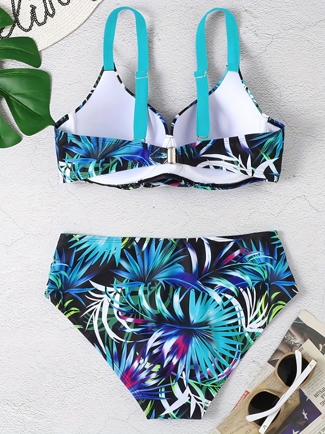 Leaf Print V Neck 2 Piece Bikini Swimsuit Push Up High Waist