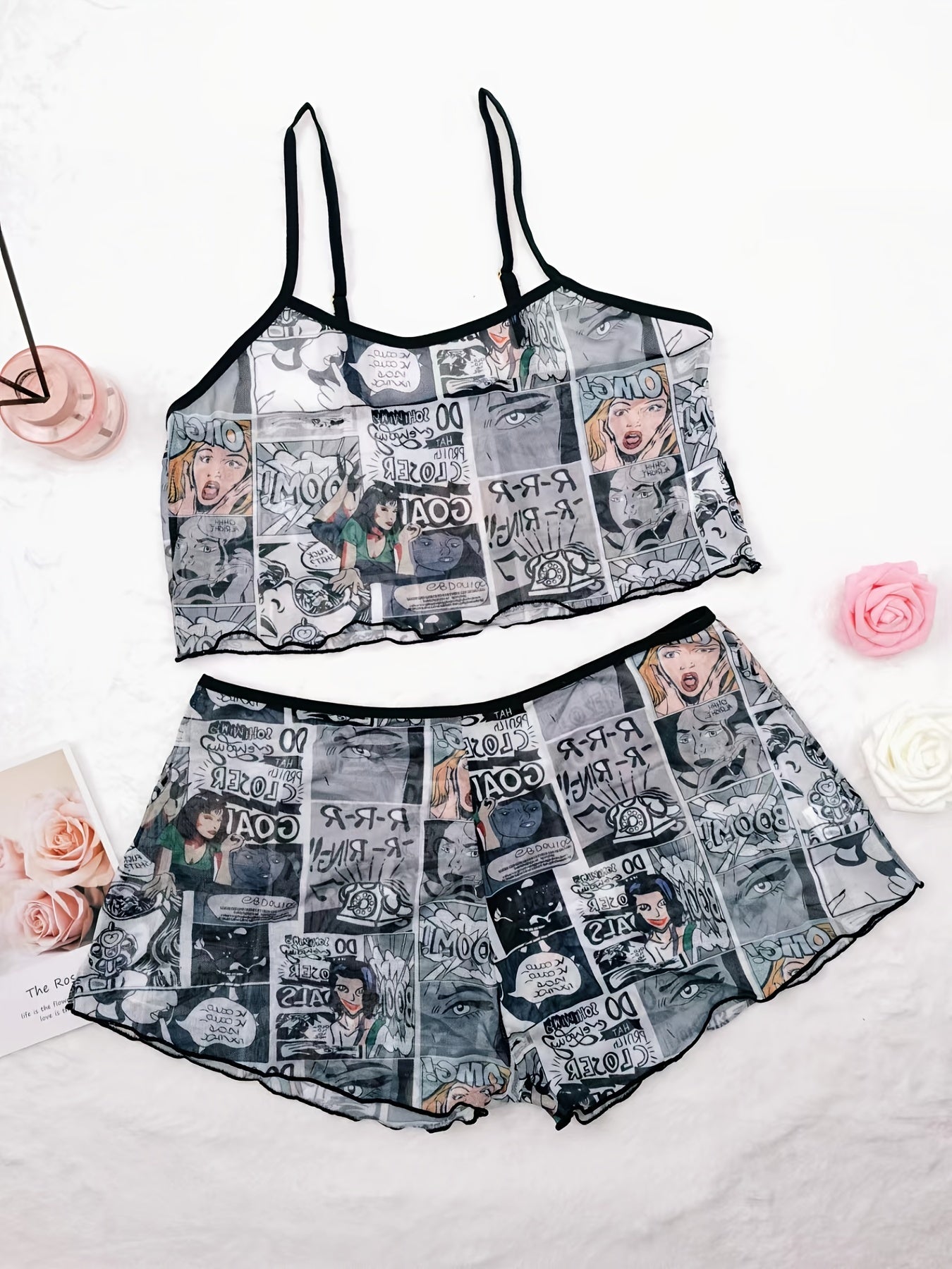  Anime Print Semi Sheer Sexy Lingerie Set Women's Plus 