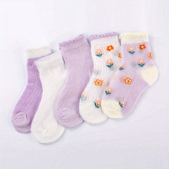 5 Pairs Girls Thin Floral Socks Spring Summer Accessories