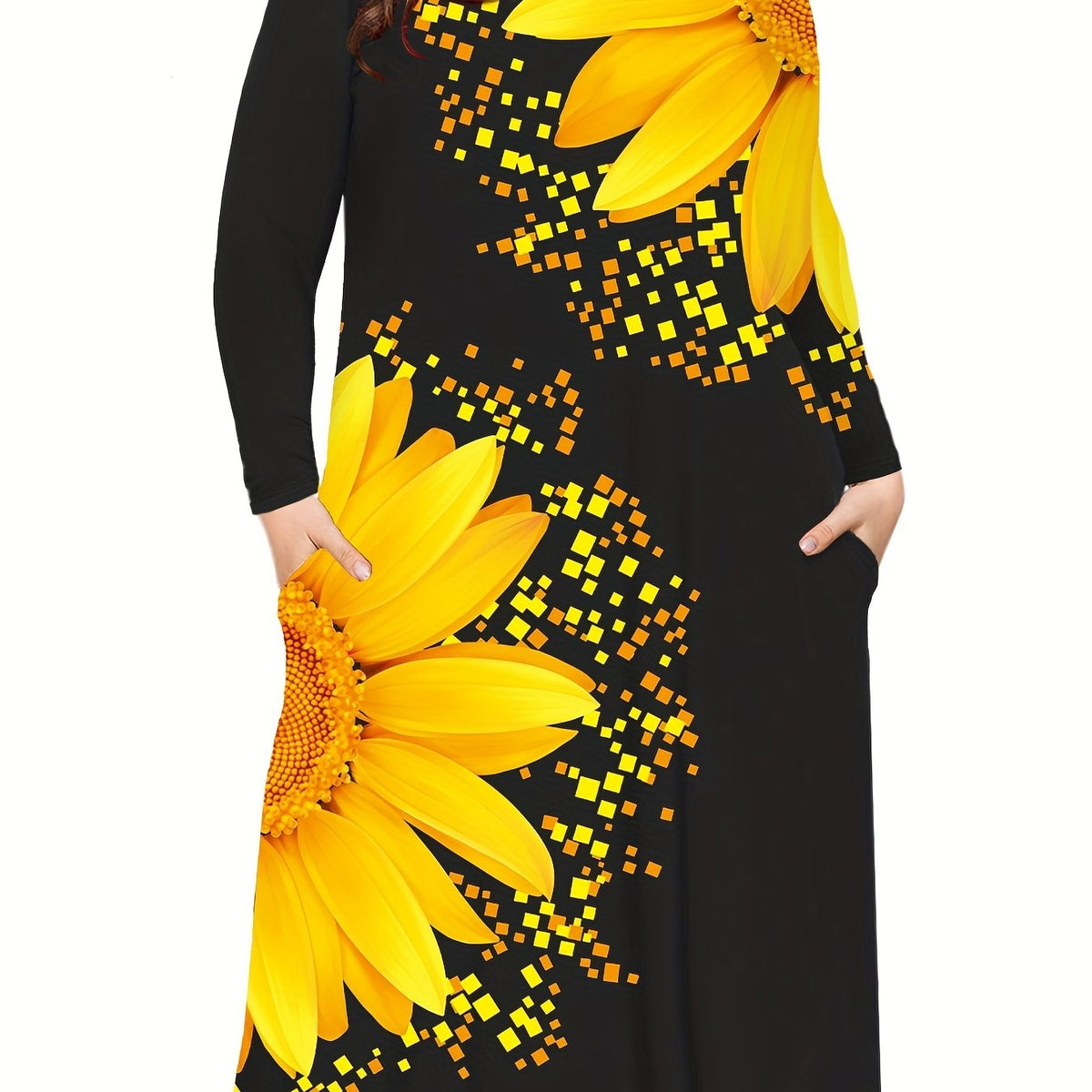  Sunflower Print Long Sleeve Midi Dress with Pockets