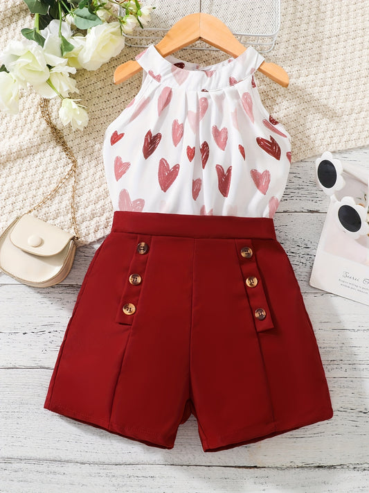 2pcs Toddler Girls Heart Halter Top & Shorts Set Summer Clothes