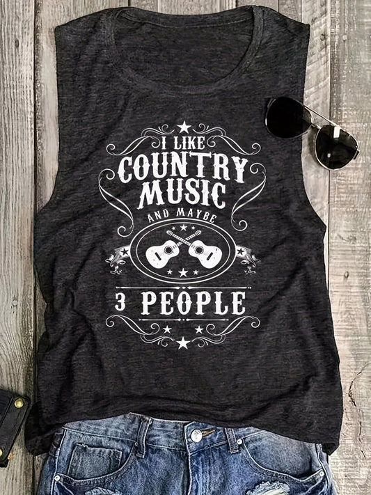 Guitar & Letter Print Tank Top Crew Neck Summer Sleeveless Top