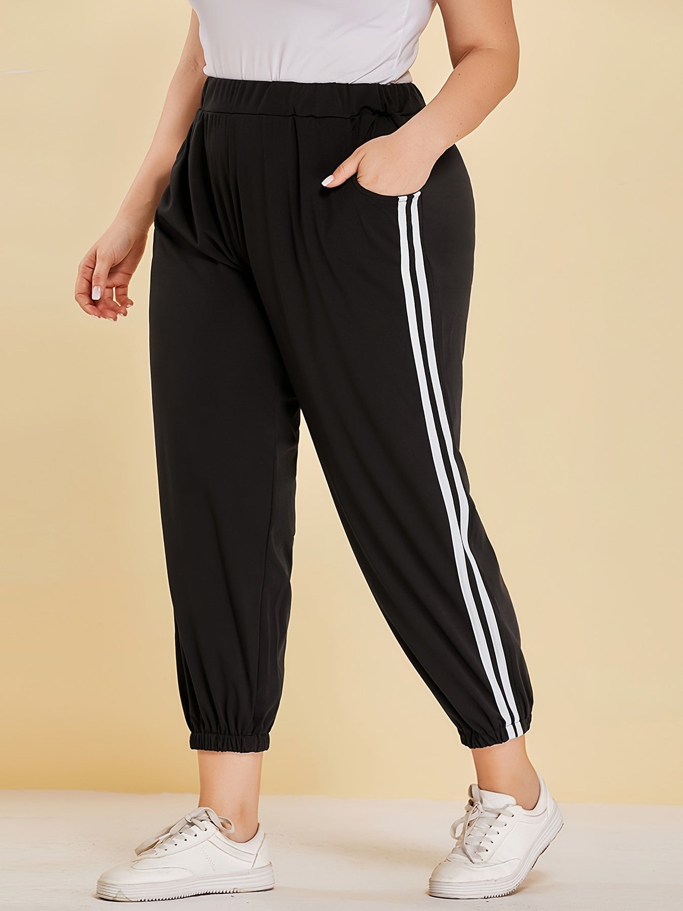 Women's Plus Size 2 Stripes Loose Fit Cuffed Ankle Casual Pants