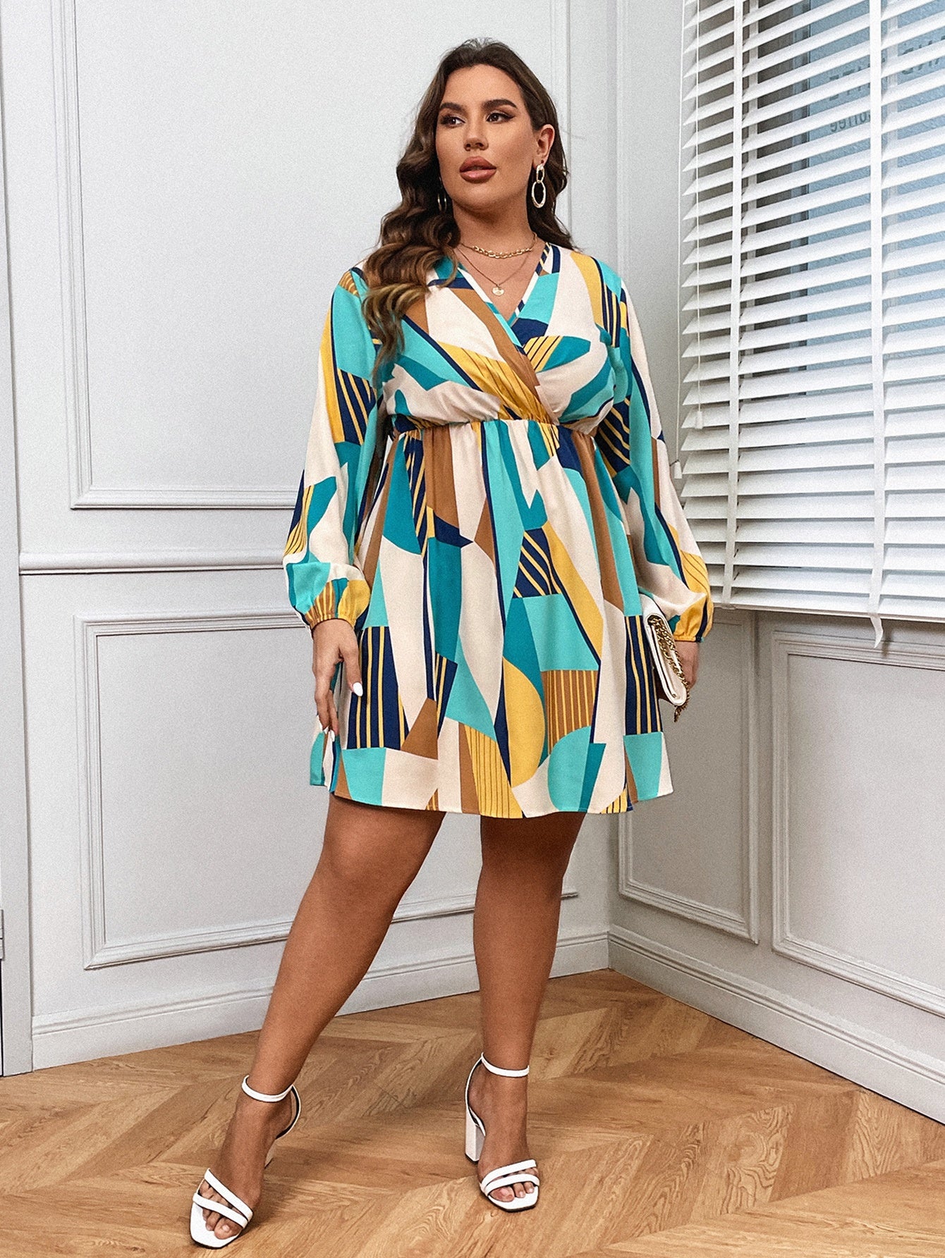  Colorblock Geometric Print Surplice Neck Mini Dress