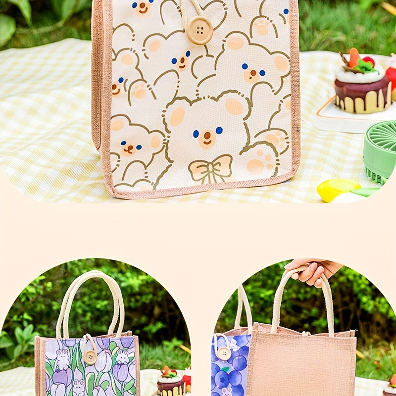 Cotton Linen Cartoon Insulated Lunch Bag