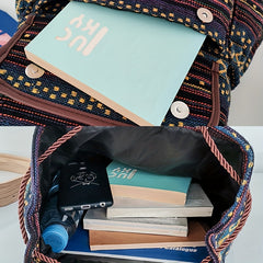 Ethnic Style Flap Backpack Drawstring Canvas Travel Bag