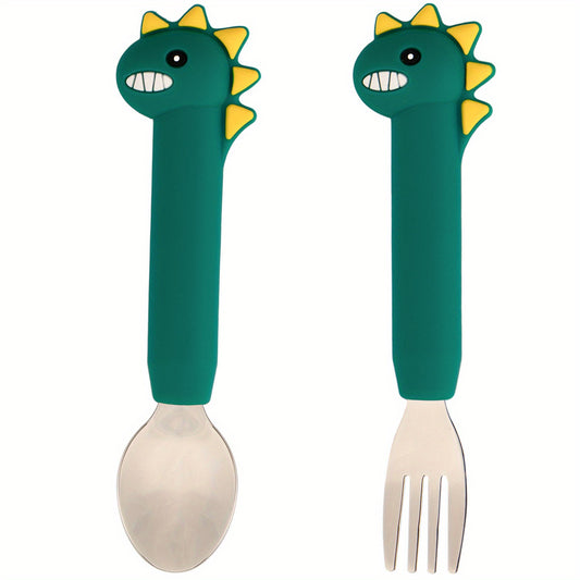 Dino Toddler Silverware Silicone Handle Safe Flatware Stainless Steel Cutlery