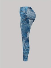 Denim Print Skinny Leggings Stretchy Casual Leggings