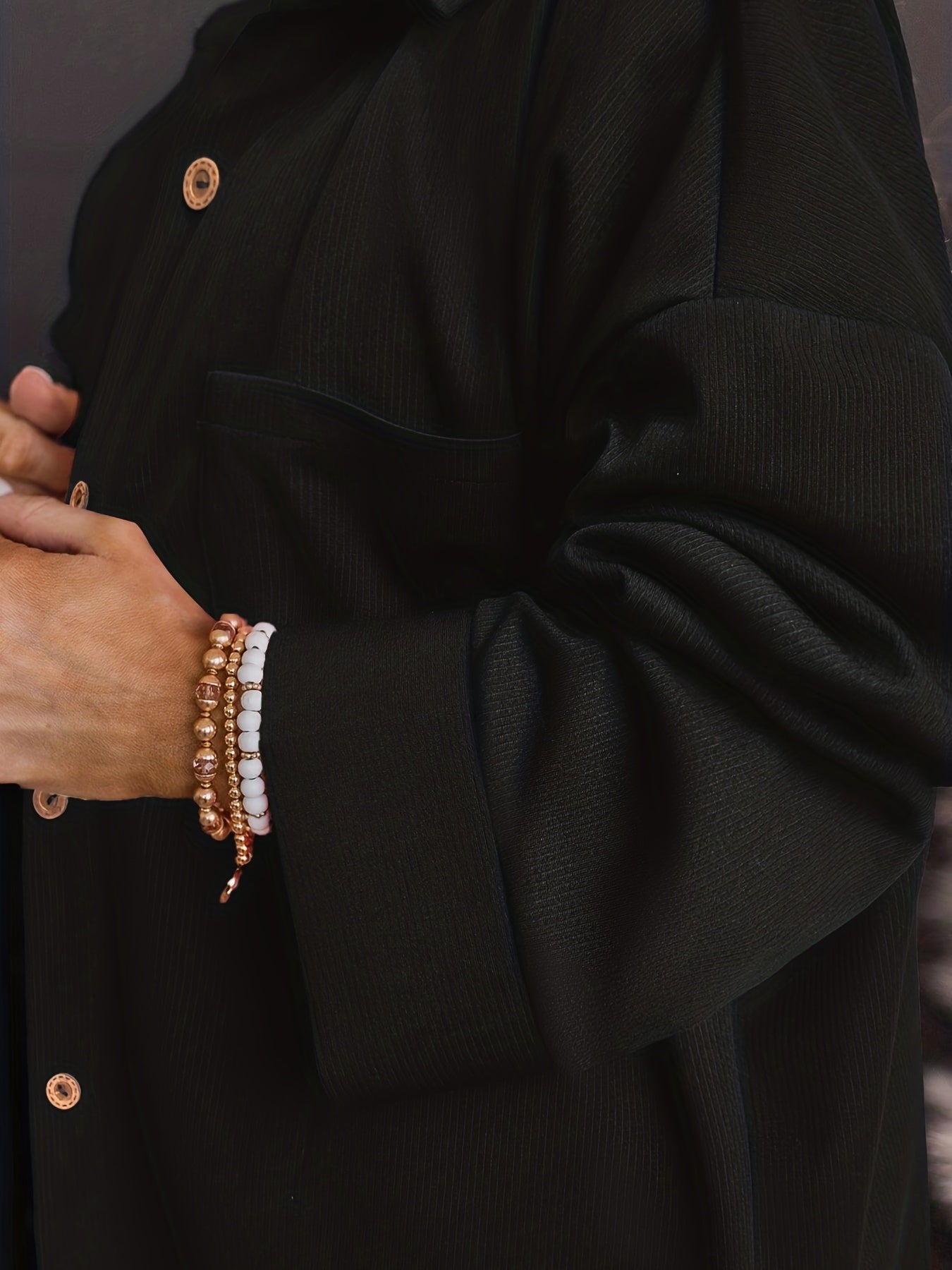  Solid Ribbed Button Up Long Sleeve Blouse