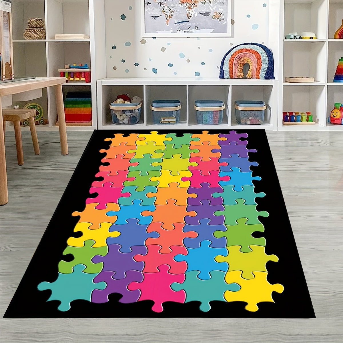 Colorful Puzzle Seating Rug for Classroom, Non Slip Backing